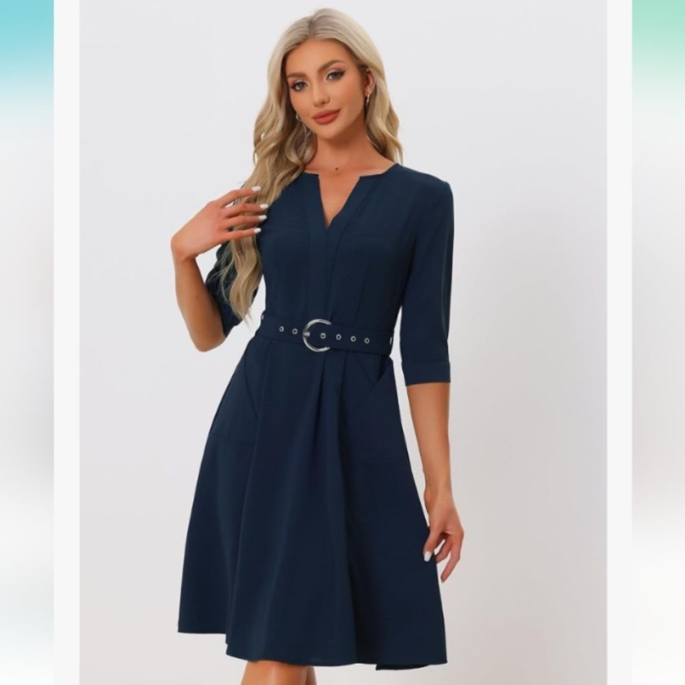 Allegra K Navy Blue Belted V Neck Dress with Pockets Size Medium NWT P2P 20 in - Picture 3 of 6